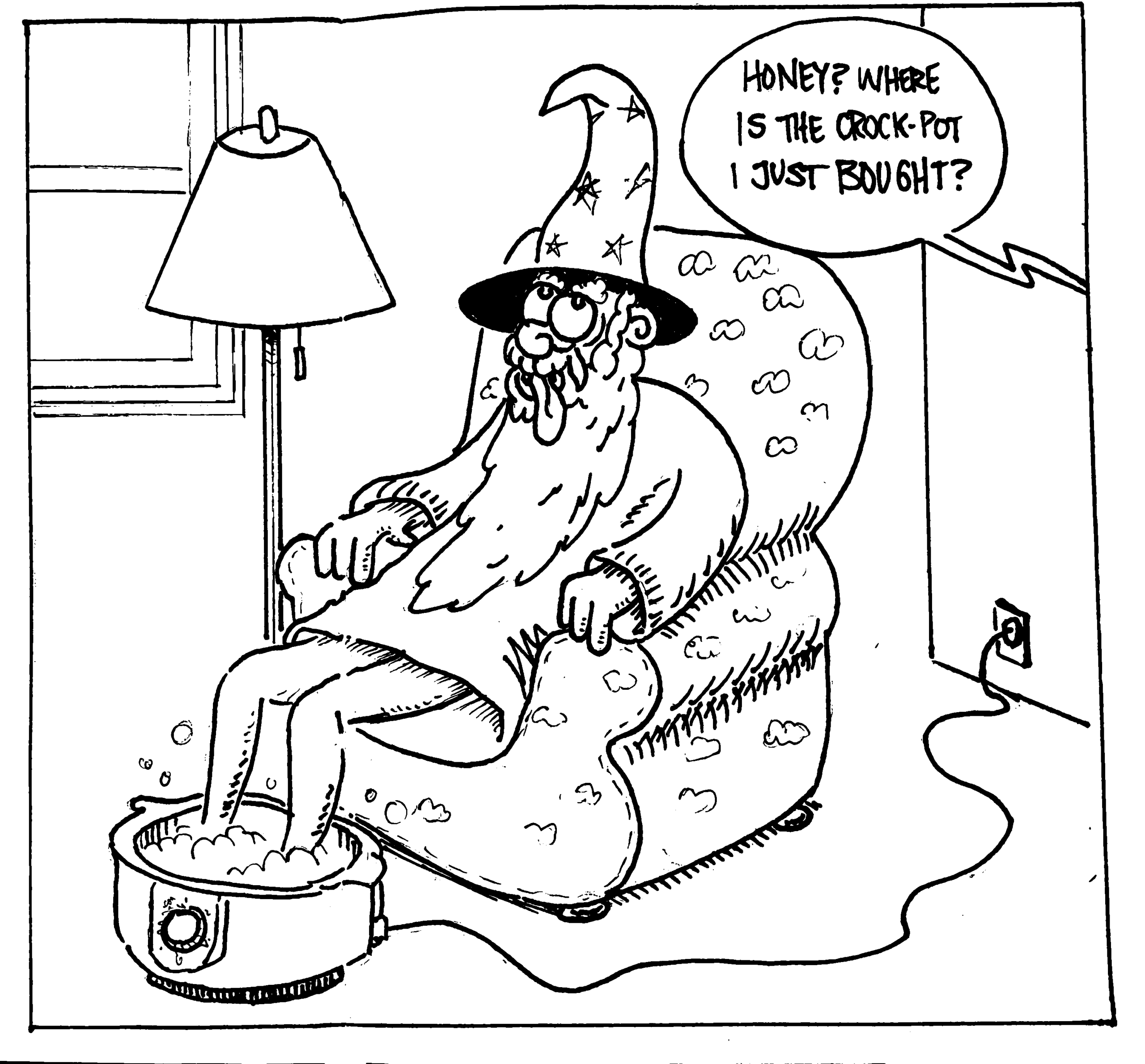 Gwiz soaking his feet in a crockpot in his armchair